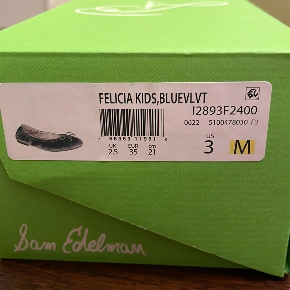 NIB Sam Edelman Felicia Kids Ballet Flat Smokey Blue Velvet Size 3M
